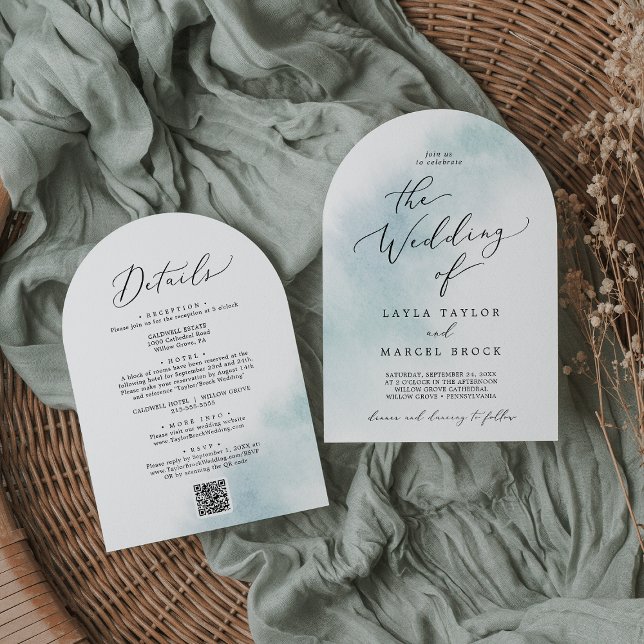 Vattenfärgen Tvättar blå allt i ett QR-ark Bröllop Inbjudningar (Watercolor Wash Blue All In One QR Arch Wedding Invitation)