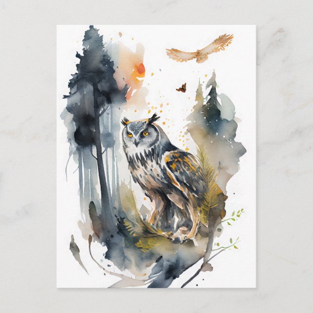 Vattenfärgen Uggla i skogen Vykort (Framsida)