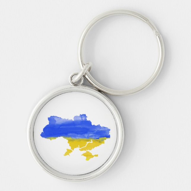Vattenfärgen Ukrainas karta. Ukrainas flagga. Ukra Rund Silverfärgad Nyckelring (Framsidan)