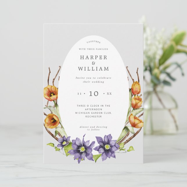 Vattenfärgen vår blommor twigs oval bröllop inbjudningar (Stående Fram)