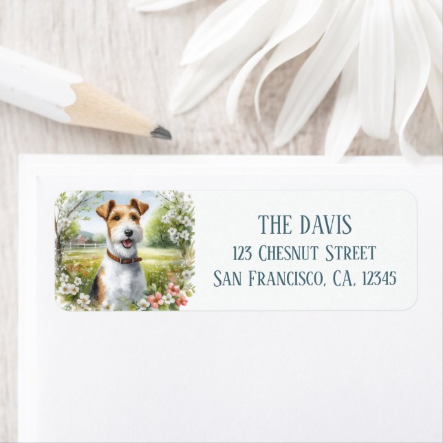 Vattenfärgen Vår Fält i Flowers Fox Terrier - Returadress Etikett (Insitu)