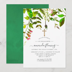 Vattenfärgen Vår Foliage Baptism eller Christening Inbjudningar
