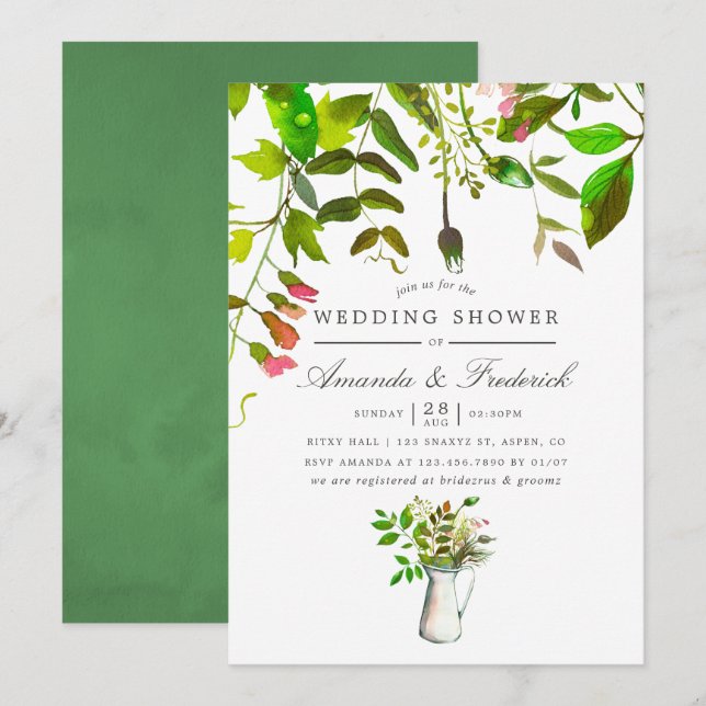 Vattenfärgen Vår Foliage Möhippa Inbjudan (Fram/baksida)