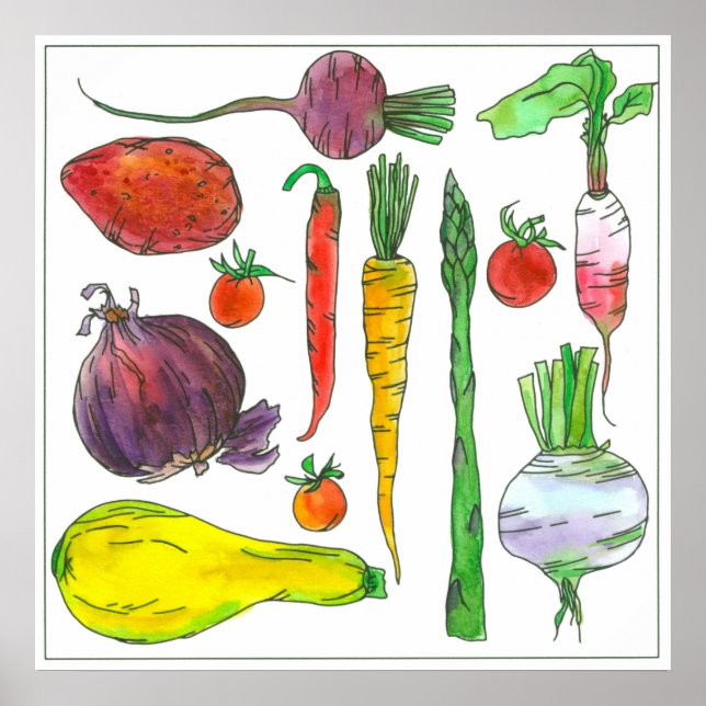 Vattenfärgen Vegetables Carrots Beets Asparagus Poster (Framsidan)