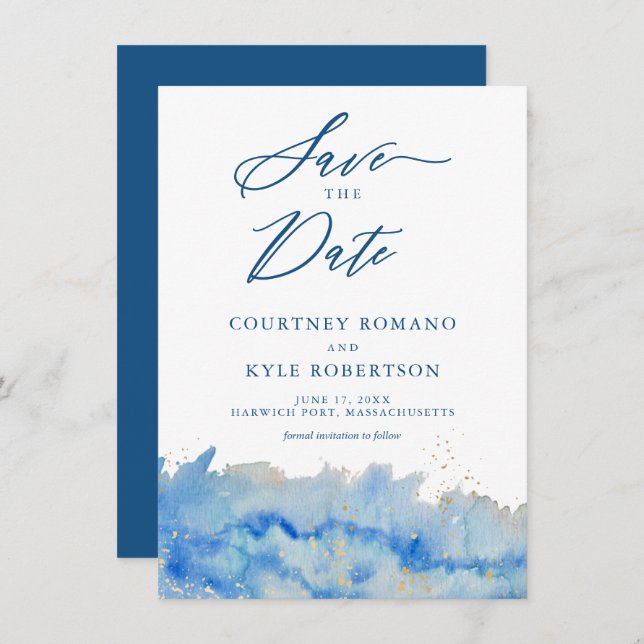 Vattenfärgen vid kusten sparar datumkortet inbjudningar (Fram/baksida)