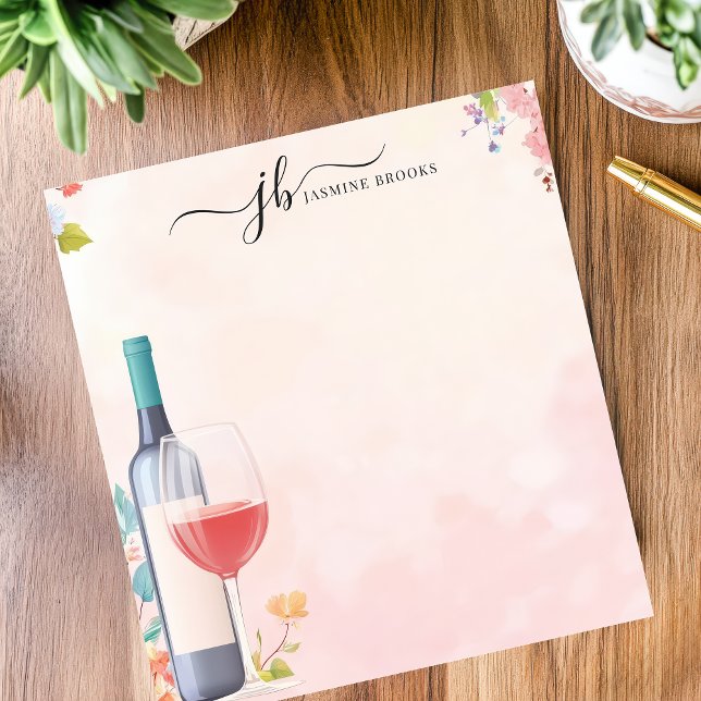 Vattenfärgen Vin Flaska Blommigt Personlig Anteckningsblock (Skapare uppladdad)