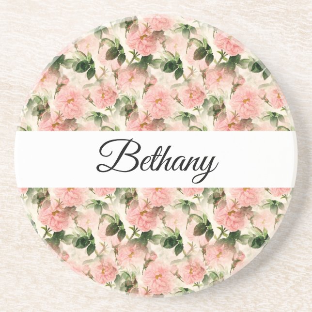 Vattenfärgen Vintage Ro Flower Mönster Monogram Underlägg (Framsidan)