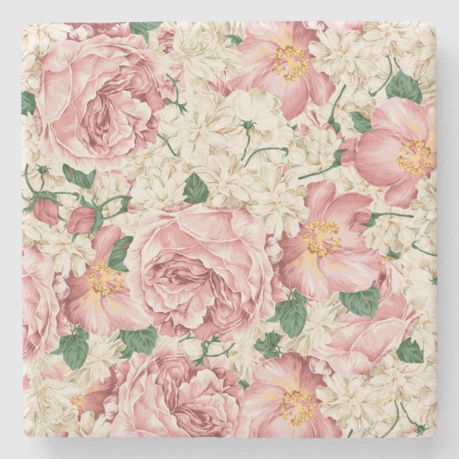 Vattenfärgen Vintage Ro och Hydrangea Mönster Stenunderlägg (Framsidan)