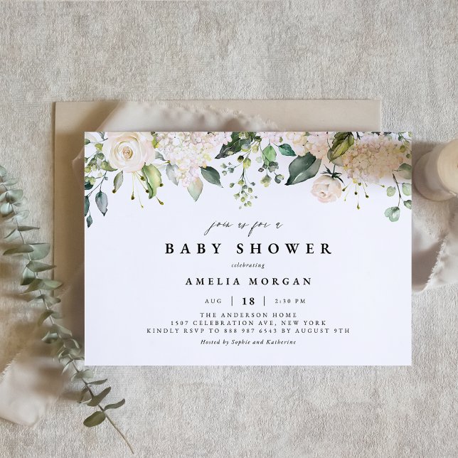 Vattenfärgen Vit ros och Hydrangea Baby Shower Inbjudningar (Skapare uppladdad)