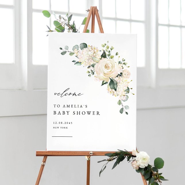 Vattenfärgen Vit ros och Hydrangea Baby Shower Poster (Skapare uppladdad)