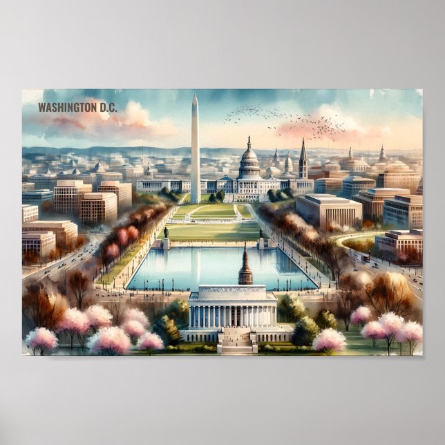 Vattenfärgen Washington DC Berömd Travel Ställe Poster (Framsidan)