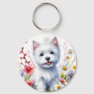 Vattenfärgen Westie på en solig dag - Nyckelring