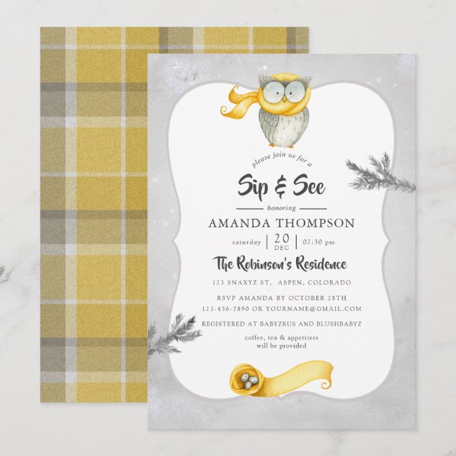 Vattenfärgen Winter Uggla julsip och se Inbjudningar (Fram/baksida)