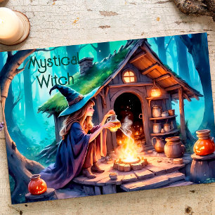 Vattenfärgen Witch Skapar Magic Potion i skogen Poster