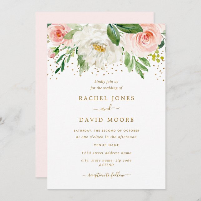 Vattenfärgens Blommigt  Guld Bröllop Inbjudningar (Fram/baksida)