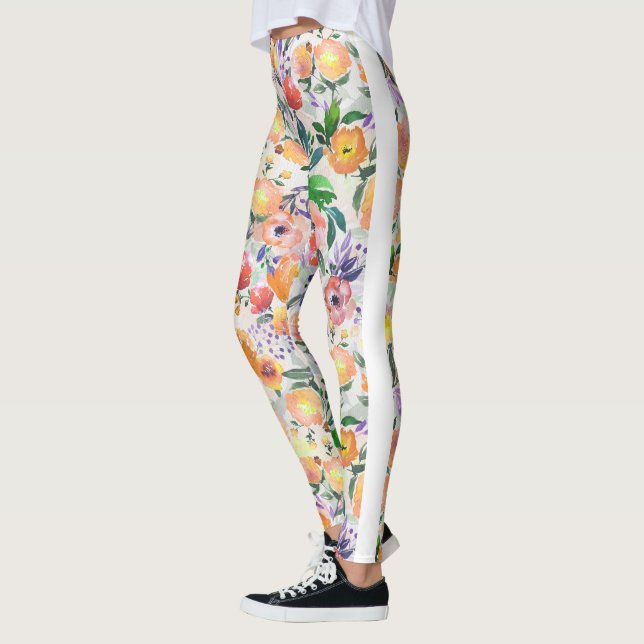 Vattenfärger Blandad Färg Blommigt Collage Leggings (Vänster)