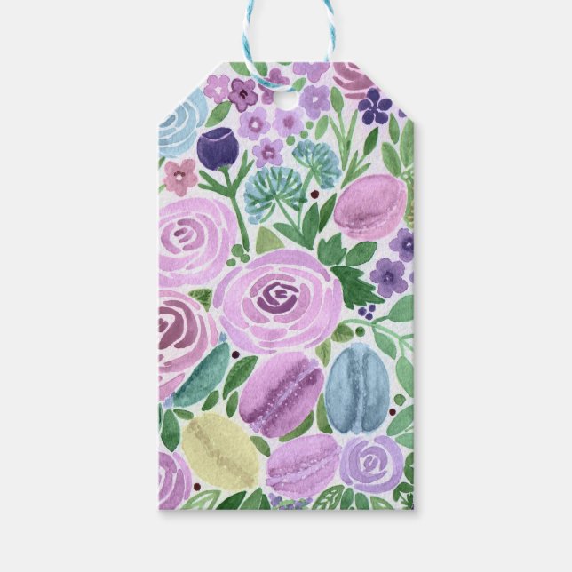 Vattenfärger, blommor och makaroner presentetikett (Framsidan)