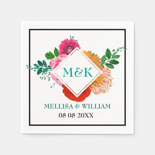 Vattenfärger Färga blommor Trendig Bröllop Design Pappersservett (Framsidan)