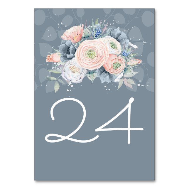 Vattenfärger i Blommigten Slate Blue och Dusty Ro Bordsnummer (Framsidan)