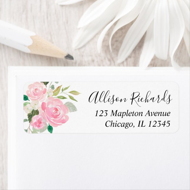  vattenfärger i vit blommigt för grön rosa returadress etikett (Insitu)