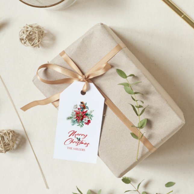 Vattenfärger Julblommor, löv, fåglar Presentetikett (Skapare uppladdad)