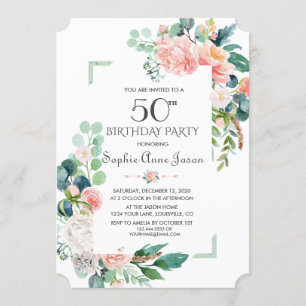 vattenfärger Peonies Ram 50:e födelsedagen Inbjudningar