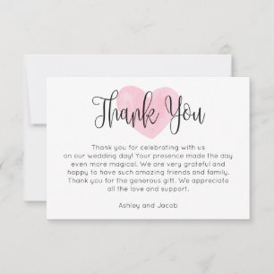 Vattenfärgers rosa  hjärta. Modern manus bröllop Tack Kort