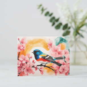 Vattenfärgfåglar i Blommar med Springtime Cherry Vykort