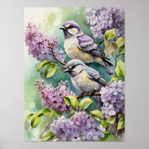 Vattenfärgfåglar med blommande Lilac Flowers Poster