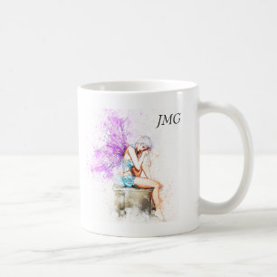 Vattenfärgfe i blått med monogramen kaffemugg