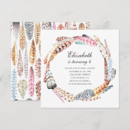 Vattenfärgfjädrar andedräkt. Boho födelsedagsfest Inbjudningar