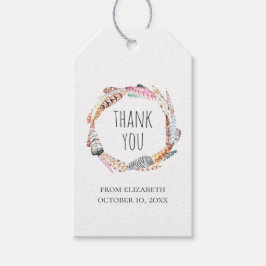 Vattenfärgfjädrar från boho. Tack för födelsedagen Presentetikett