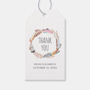 Vattenfärgfjädrar från boho. Tack för födelsedagen Presentetikett