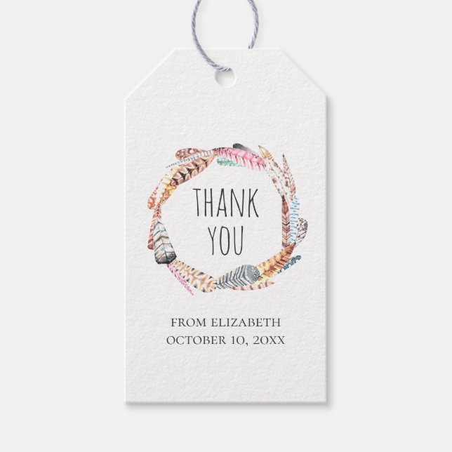 Vattenfärgfjädrar från boho. Tack för födelsedagen Presentetikett (Framsidan)