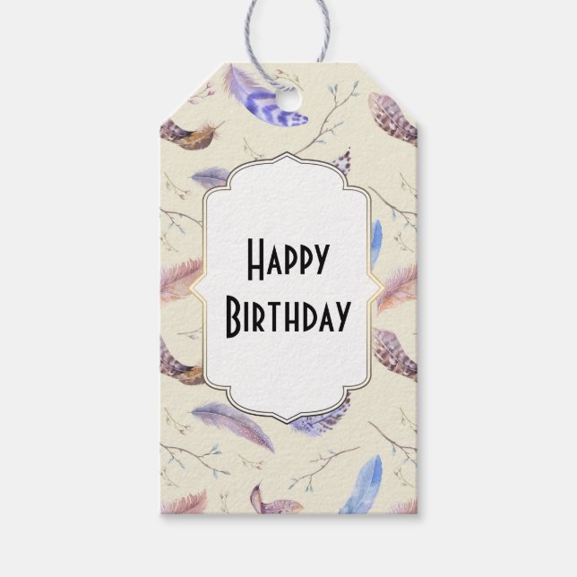 Vattenfärgfjädrar Löv och Grenar födelsedag Presentetikett (Framsidan)