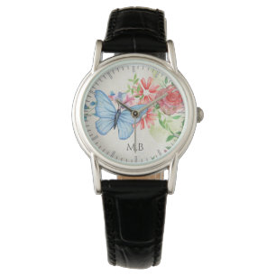 Vattenfärgfjäril och blommaelegantMonogram Armbandsur
