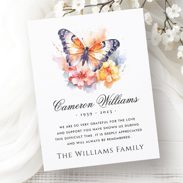 Vattenfärgfjäril och blommornas begravningssympati tack kort (Watercolor butterfly and flowers funeral sympathy thank you card)