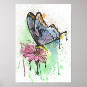 Vattenfärgfjäril på den rosa daisyblommaaffischen poster