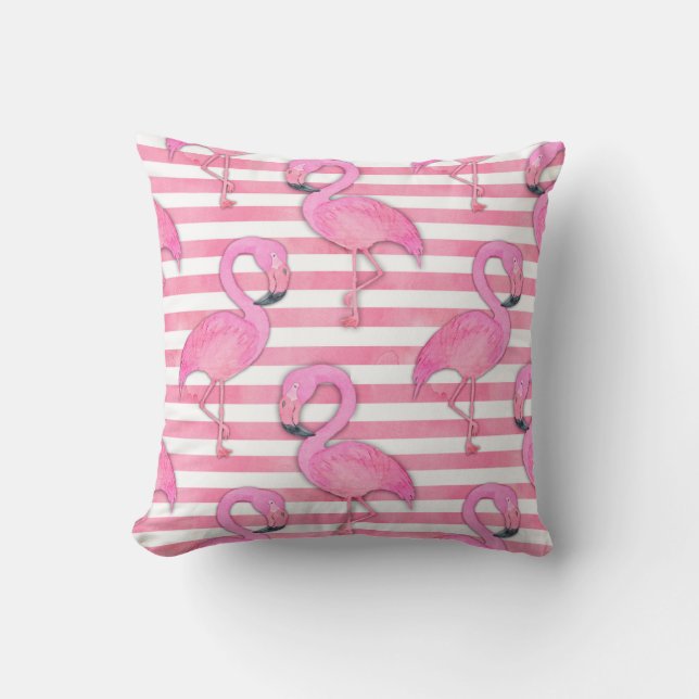 VattenfärgFlamingo på rosa randar Kudde (Framsida)