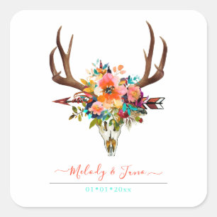 VATTENFÄRGFLÖDEN, RUSTISKA BOHO SKULL+ARROW FYRKANTIGT KLISTERMÄRKE