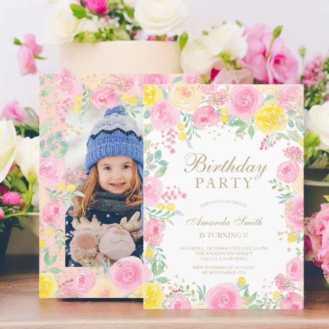 Vattenfärgfoto för rosa blommigt barns födelsedag  inbjudningar (Pink floral watercolor photo kids birthday party invitation)