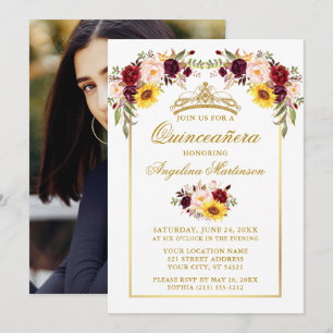 Vattenfärgfoto med blandad Blommigt Guld Quinceane Inbjudningar