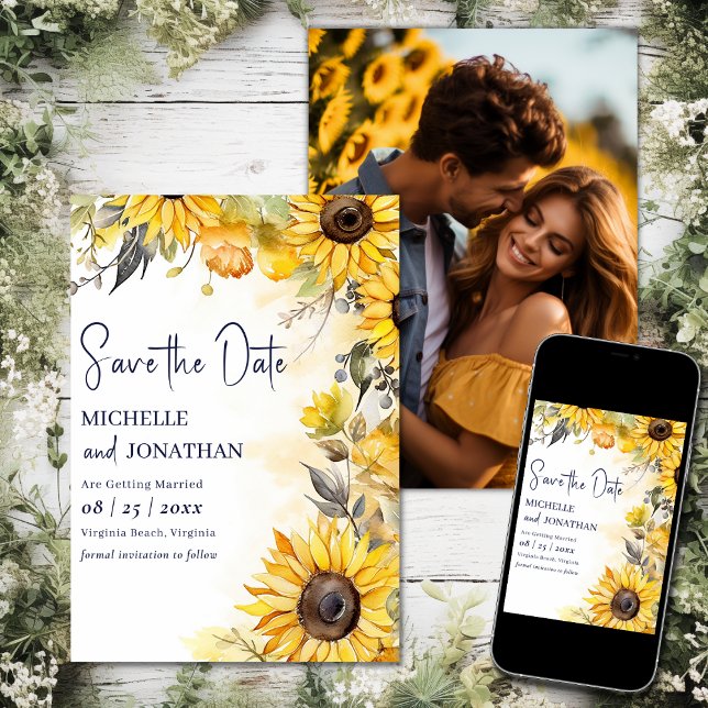 Vattenfärgfoto Solrosblommor Blommigt Flower Bröll Spara Datumet (Printed and Digital - Watercolor Sunflower Floral Flower Wedding Photo Save The Date)