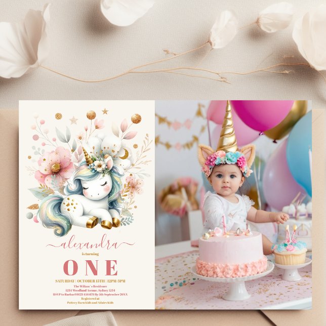 Vattenfärgfoto Unicorn Birday 1 Inbjudningar (Skapare uppladdad)