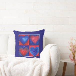 Vattenfärghjärter Red Blue Lila Heart Art Kudde