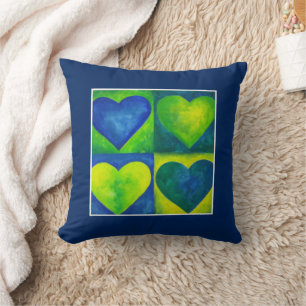 Vattenfärghjärtor Grönt Blue Heart Art Kudde