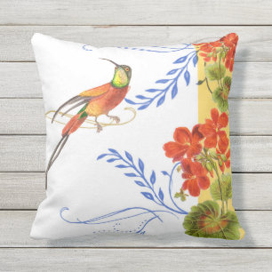 Vattenfärghummingbirden virvlar runt röda utomhuskudde