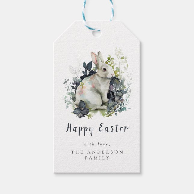 Vattenfärgig Påskhare med blommor Presentetikett (Framsidan)