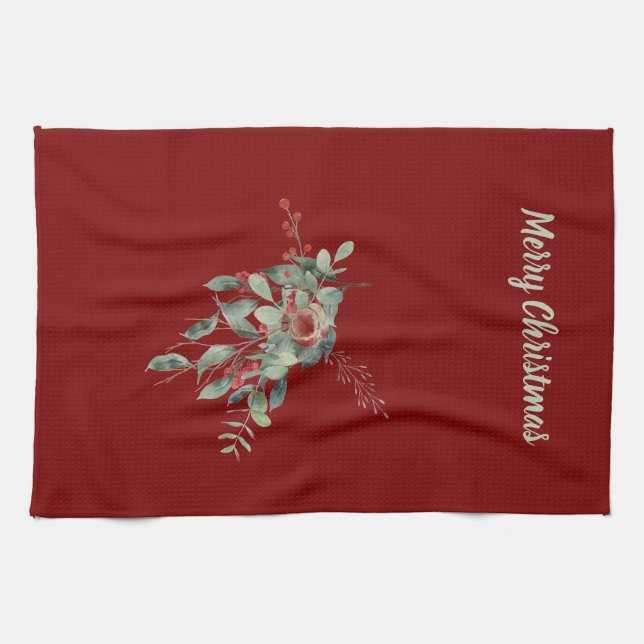 Vattenfärgiga bär/Grönska God Jul Kökshandduk (Horisontell)