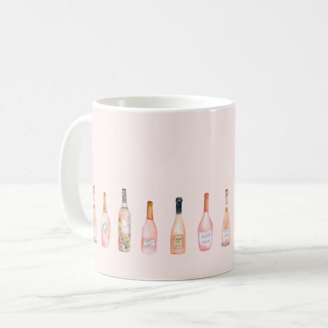 Vattenfärgillustration för rosa rosé vin flaskor kaffemugg (Framsida vänster)